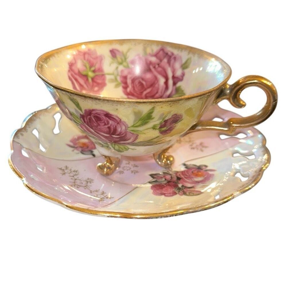 Vintage Shafford Iridescent Japan footed Teacup and Saucer Set laced Lusterware